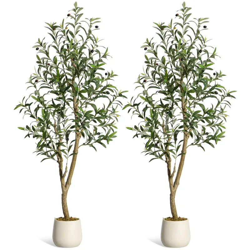 2PCS 5FT Big-Tall Indoor/Outdoor Faux Olive Trees in White Pots - With Olives, Moss Decors, Plastic Fruit Ornaments, Low-Maintenance, UV Waterproof, UV Resistant, Long-Lasting Evergreen Garden Decor for Living Room, Balcony