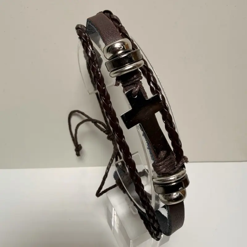 Men’s Braided Leather Cross Bracelet - Multi-Layer Wrap, Silver Charm Accent