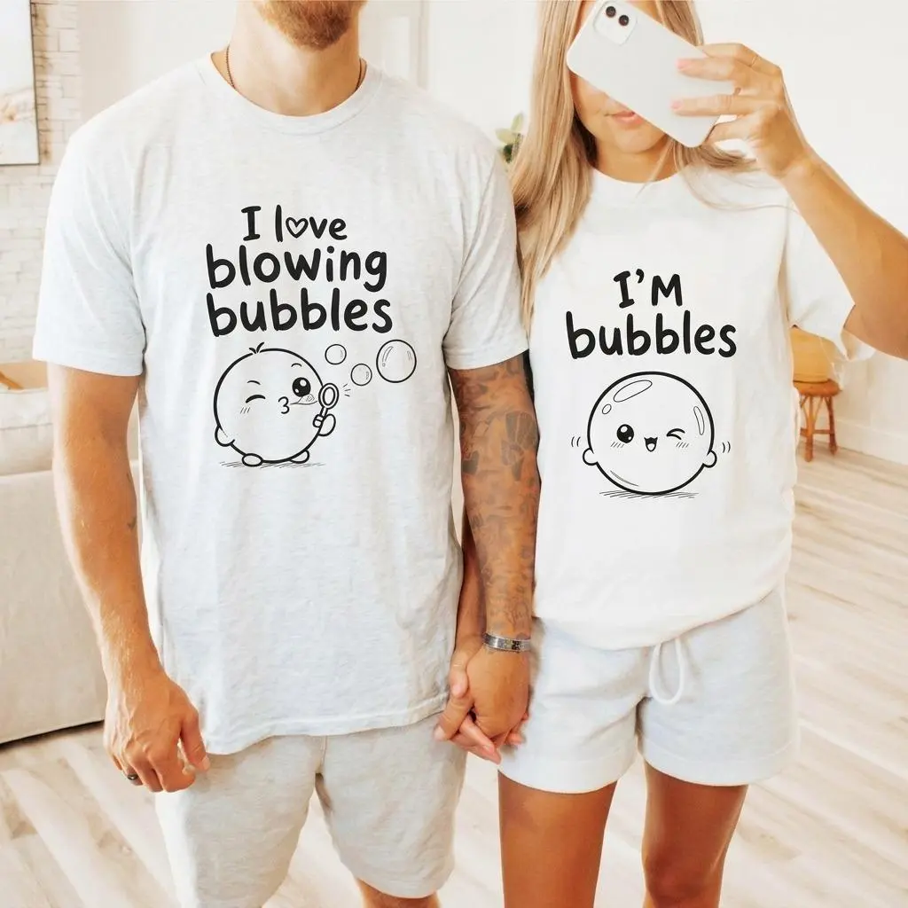 I Love Blowing Bubbles Im Bubbles Matching Couple Shirts, Funny Graphic Tee Outfits for Couples, Soft Cotton Unisex Matching T-Shirts Set, Trendy Streetwear Outfit