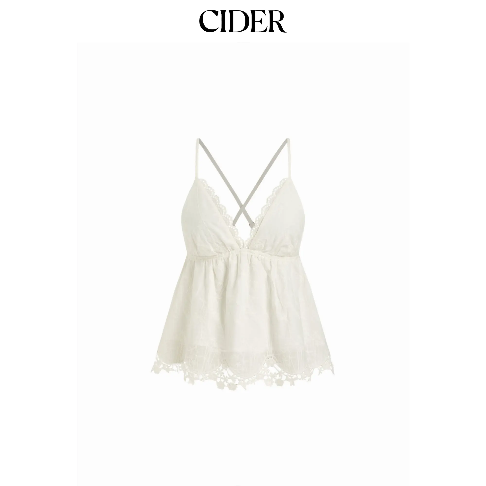Cider Women's Basic Sleeveless Cotton Fabric Camisole Top - Broderie Anglaise, V-Neck, Scallop Lace Trim Cami, Casual Basic, Straight Hem