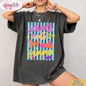 Comfort Colors Schools Out For Summer Shirt Aesthetic Teacher T-Shirt Trendy Neon Summer Graphic Tee Vintage Educator Gift for Her Minimalist Teacher Off Duty Top Oversized Beach Sunday Shirt Vacation 2026 Bloom Tee Support Mentor
