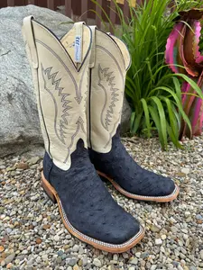 Anderson Bean Men's Deep Navy Full Quill Ostrich & 13” Bone Glove Top Square Toe Cowboy Boots 360691