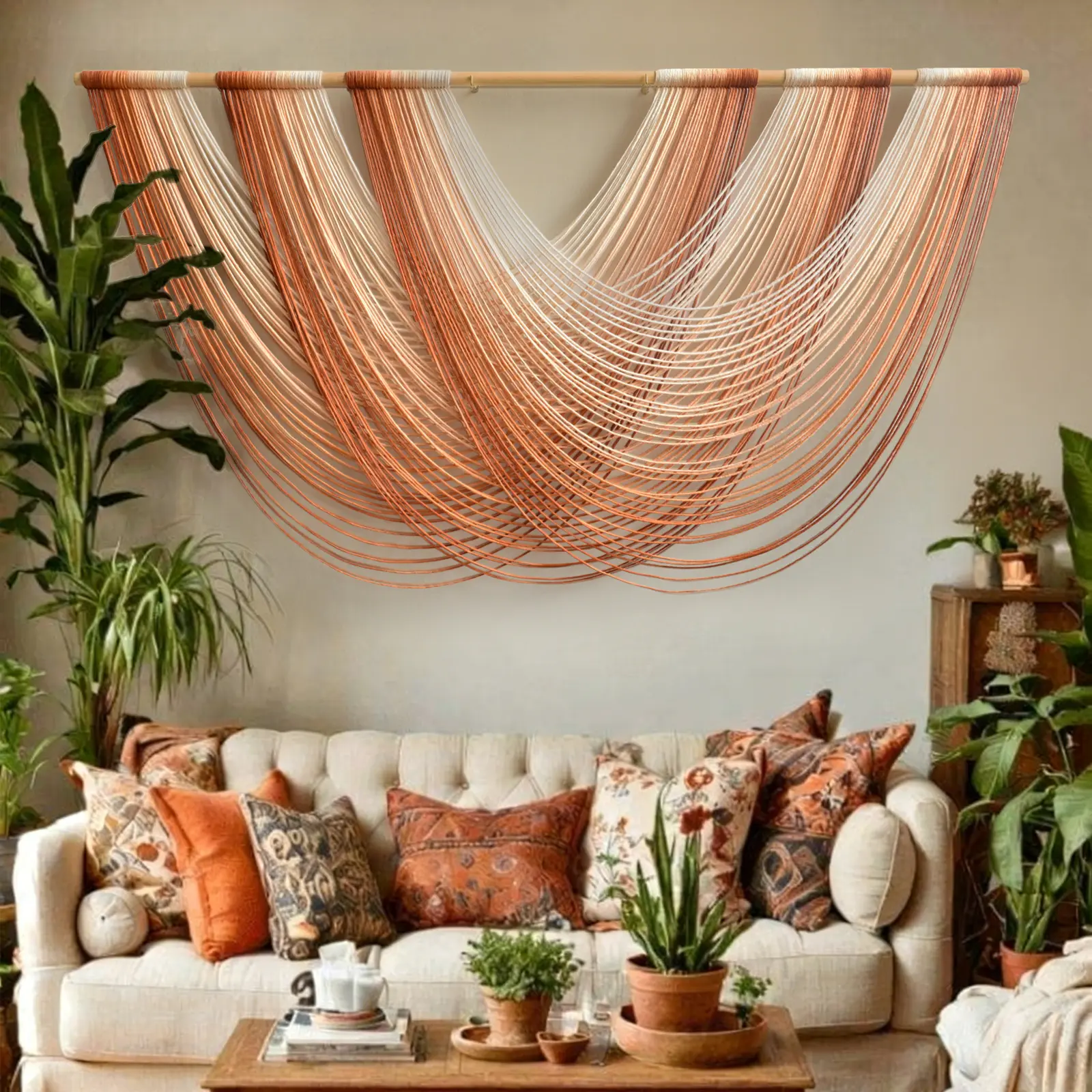 Macrame Wall Hanging Orange Boho Fiber Art Large Decor 57" W*31" L