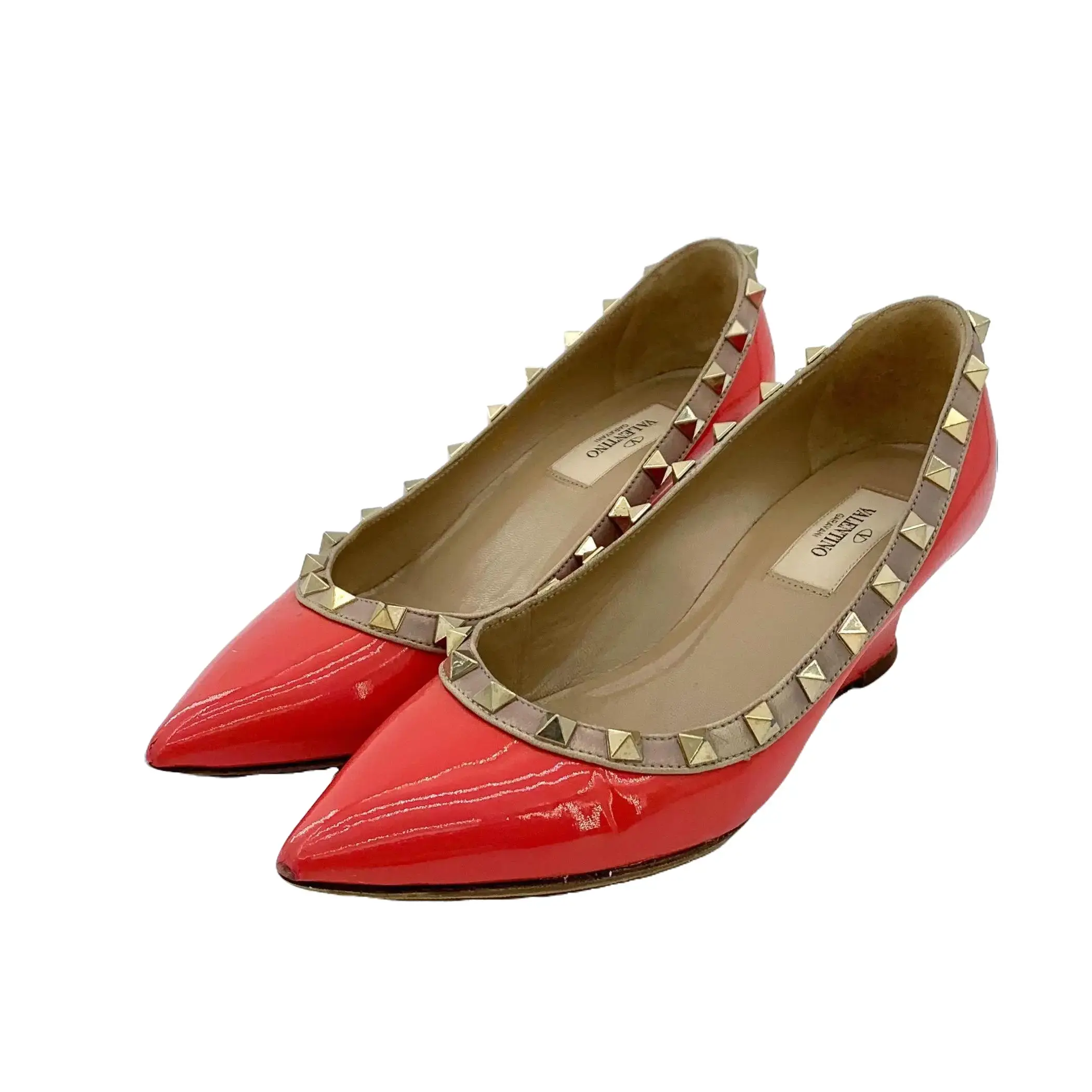 RDLT-Valentino Size 35.5 Orange Red Pointed Toe Stud Wedge Heel Pumps-J24010