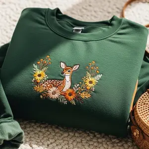 Floral Baby Deer Embroidered Sweatshirt, Fawn Lovers Crewneck, Forest Animals Hoodie, Wildlife Nature Tee, Cottagecore Shirt For Women #3
