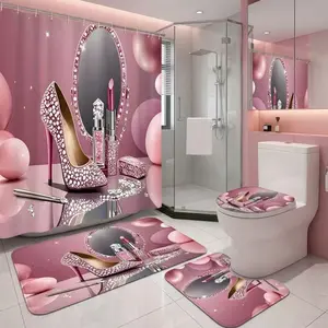 4Pcs Shower Curtain Set High Heel, Lipstick, Diamond Mirror, Bathroom Sets with Rugs, Christmas Valentine’s Day, Bathroom Decor, Glamorous Pink High Heel With Lipstick And Diamond Mirror On Background For Chic Luxurious Bathroom Vibe