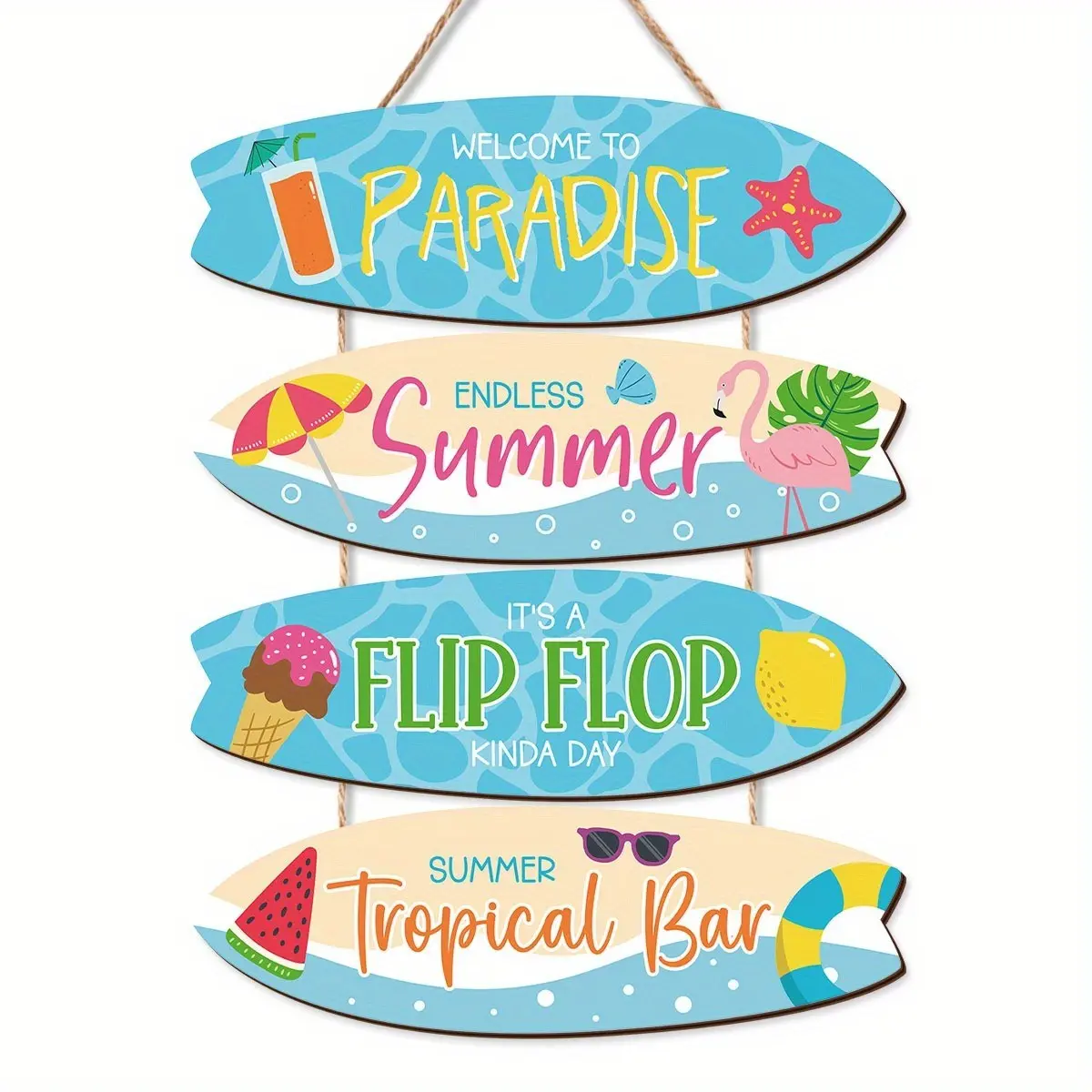 Summer Wooden Surfboard Shape Hanging Ornament Set, Artificial Wood Beach Wall Decor with Life Like Tide Slogan, Poolside Backyard Door Decoration