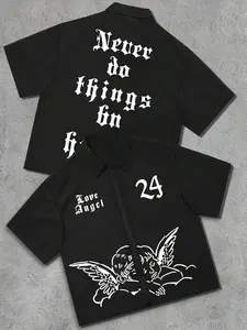 Men's Angel & Letter Print Zip Up Shirt, Casual Street Fashion Graphic Shirt, Casual Short Sleeve Collared Top for Daily Wear, Fashion Men's Clothes for All Seasons, Tropical