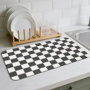 Checkered Dish Drying Mat, Absorbent Coffee Bar Mat for Kitchen Counter Dish Rack Espresso Machine 16" x 24" Black