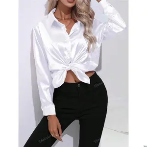 Blouse Long Faux Front Button Lapel Women s Casual Silk Satin Sleeve Top