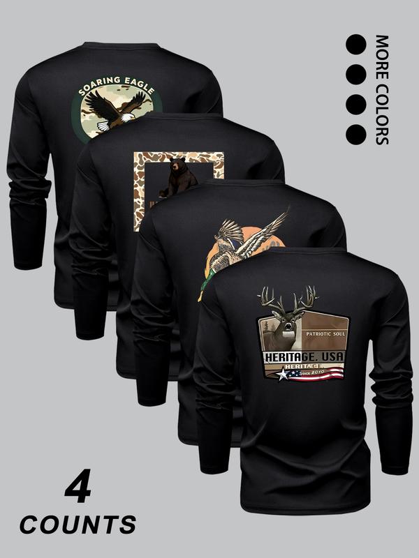 Men's Fashion Camo Animal Print Long Sleeve Round Neck T-Shirt Set, Comfortable Stretch Fabric, Perfect for Spring & Fall Sports Outdoor Activities, Athletic Sports Clothing