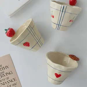 Handmade Ceramic Cup, 3D Strawberry Apple Jalapeño Bun Design, Irregular Blue Plaid Pattern, Vintage Coffee Mug, Gift & Daily Use