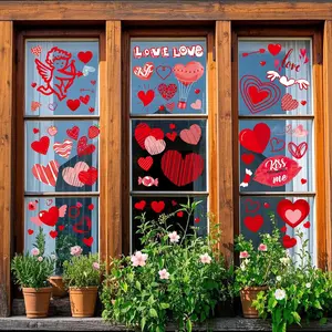 Valentine's Day Window Clings Decorations Red Heart Stickers for Home Office Kids Classroom Pink Wedding Romantic Decals 9 Sheets Reusable Non-adhesive Love-Themed Designs