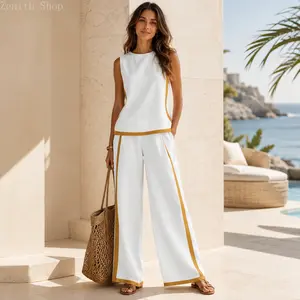 2026 NEW Two Piece  for Women Sleeveless Top Wide Leg Pants  Boho Fashion Casual Summer Loungewear  for Work Streetwear Party and Daily Wear Womenswear Bottoms Trouser Outfit Womenswear Set