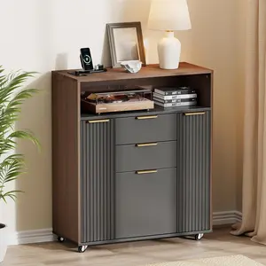 ModernMate Fluted Storage Cabinet with 3 Drawers, 37" Sideboard Buffet Cabinet with Charging Station, Mobile Cart with USB/AC Outlets, Small Home Office Rolling Storage with Wheels, Black Walnut