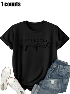 【Plus Size】Women's Plus Size "PERFECTLY Imperfect" Letter Print Round Neck Short Sleeve T-shirt, Vintage Casual Daily Wear All-Season Ladies Top