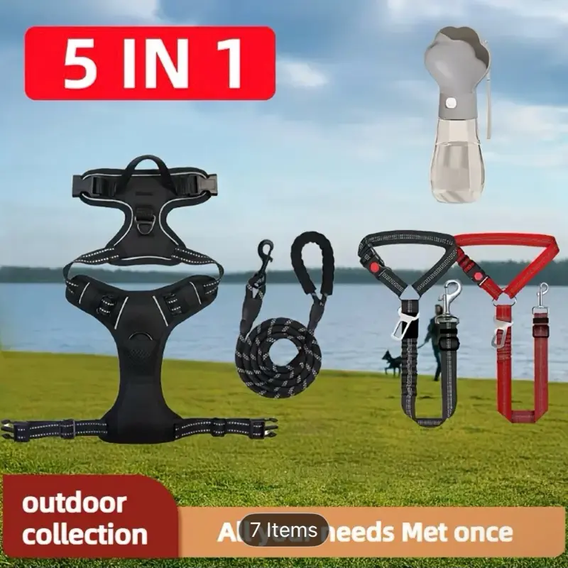 5 in 1 Dog Harness Plus Lease Outdoor Collection with 7 Items for Enhanced Pet Walking Experience