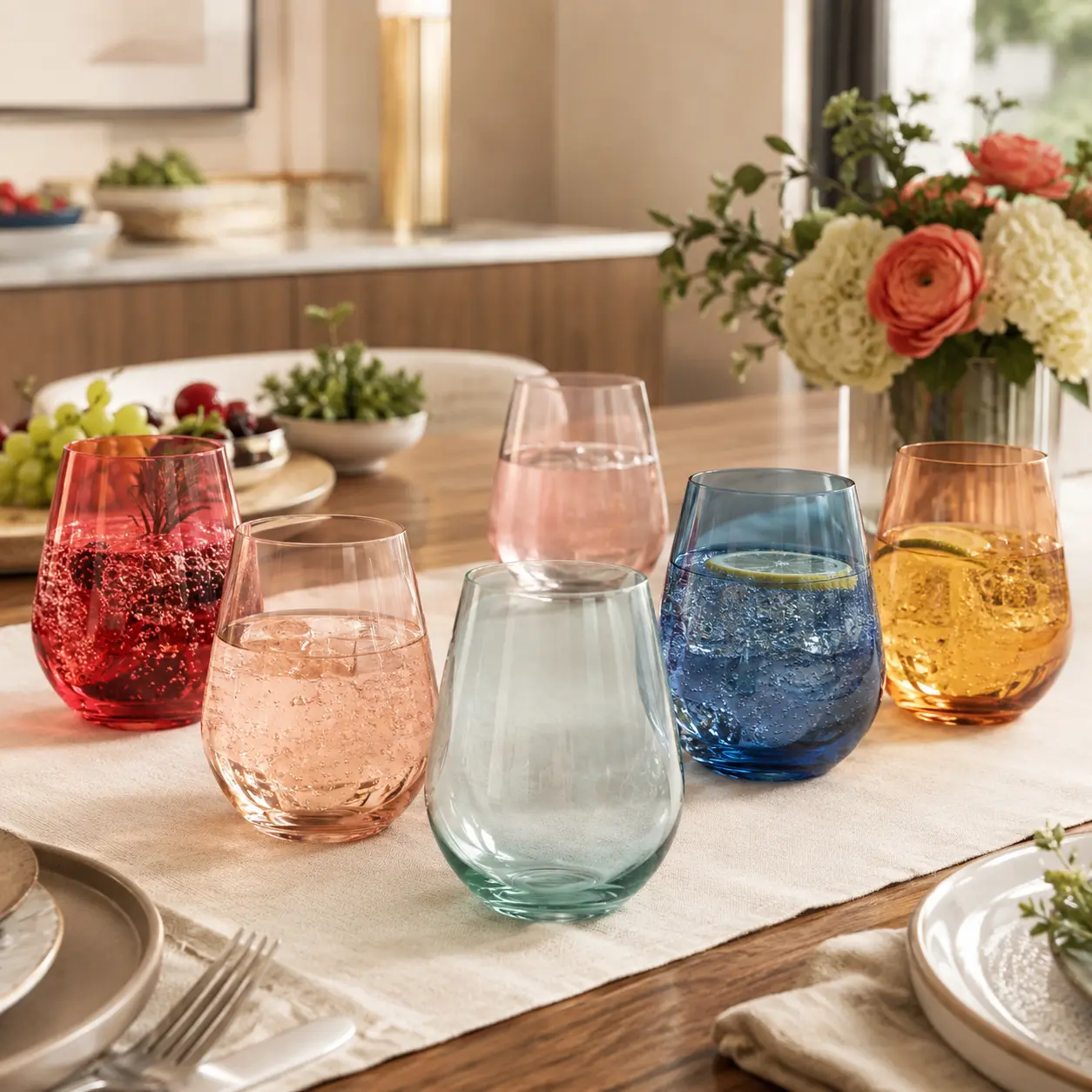 Beautiful Colored Wine Glasses | Set of 6 | Crystal, Large 16oz - Stemless Goblet Drinking Cups, Luxury Multi Color Glassware Gift Set - Her, Wife, Mom Friend - Colorful Drinkware Water, Wine Cocktail