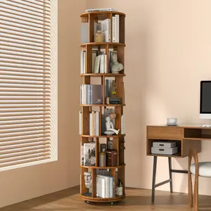 6-tier solid wood rotating bookshelf, 360° rotating bookshelf tower, round rotating bookcase storage box, small space scrolling bookshelf, corner, bedroom, children's room, office, natural