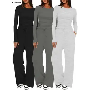 Women's Solid Ruched Drawstring Loungewear Set, Casual Long Sleeve Round Neck Top & Pocket Wide Leg Trousers, Ladies Sleepwear for All Seasons