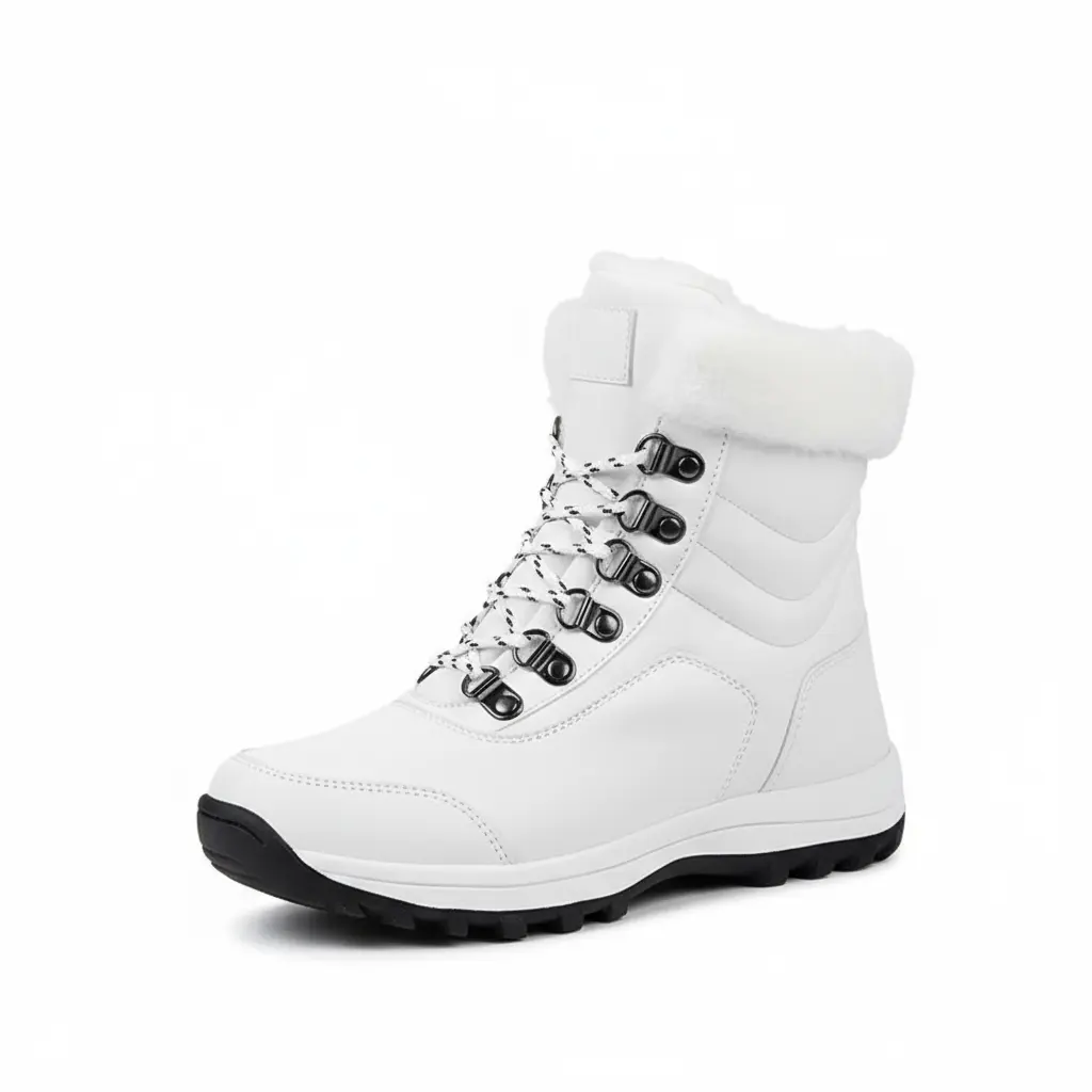 Women's Minimalist PU Ankle Boots, Waterproof Lace-Up Winter Booties with Warm Fur Lining & EVA Sole for Outdoor Wear, Laces, Basic, Round Toe, Pu Upper, Outdoor Casual, Waterproof Rubber, Shoe, Footwear, Synthetic, Ice‑Ready Grip