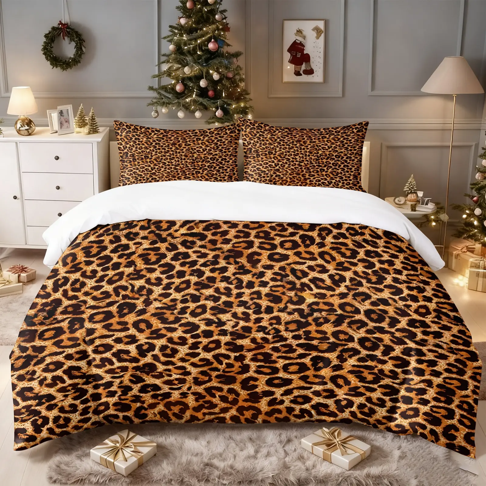 Retro-inspired wild leopard print bedding set, Soft Bedding Set, including cover and pillowcases, suitable for family bedrooms and hotels, Duvet cover sets