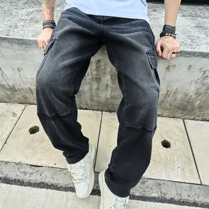 SRETOUU Men Stylish Multiple pockets Cargo Jeans Trousers High Quality Male Streetwear Solid color Loose Carpenter Straight Denim Pants Menswear Beige