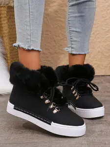 Women's Fashionable Solid Color Lace Up Ankle Boots, Casual Warm Plush Design Boots for Fall & Winter, Female All-match Round Toe Shoes for Daily Wear