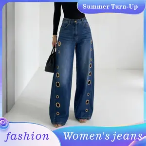 Deals for You Days new high-waisted cotton denim long pants with button closure and geometric cutout pockets; loose fit, casual street style for spring/summer and holidays, featuring cutout eyelet design paired with tops, polyester fabric.