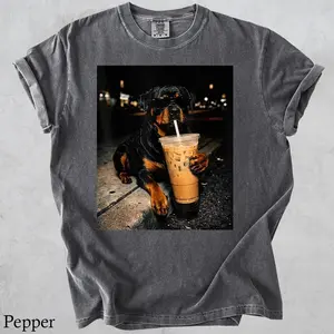 Comfort Colors Rottweiler Drinking Iced Coffee Tshirt, Funny Dog Art, Dog Mom Shirt, Dog Lover Gifts