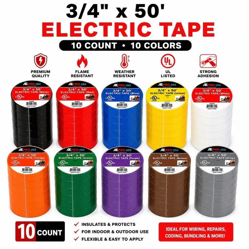 AT PRO.USA Professional Heavy-Duty Vinyl Electrical Tape (10 Pack), 3/4” x 50’, Flame-Retardant, Strong Adhesive, UL Listed, Multi-Color Insulating Tape