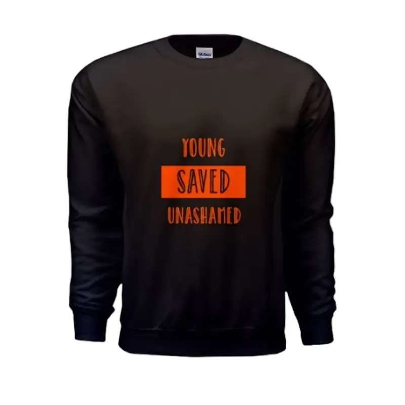 Young Saved Unashamed Crewneck Sweatshirt - Black, Long Sleeve, Pullover Style, Casual Design Unisex Apparel - Hoodie, Tops, Menswear