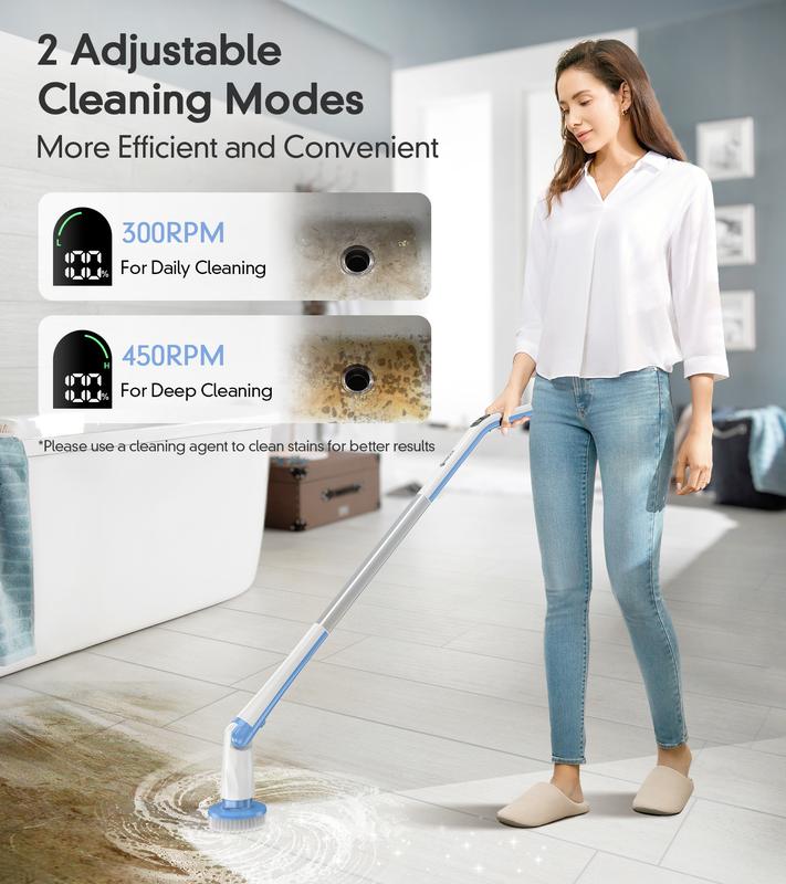 Electric Spin Scrubber with Display, IPX7 Waterproof Powerful Shower Scrubber, 2H Runtime, 2 Speeds, Adjustable Handle, 5 Brush Heads, Cleaning Brushes for Household Use Bathtub Tile Car