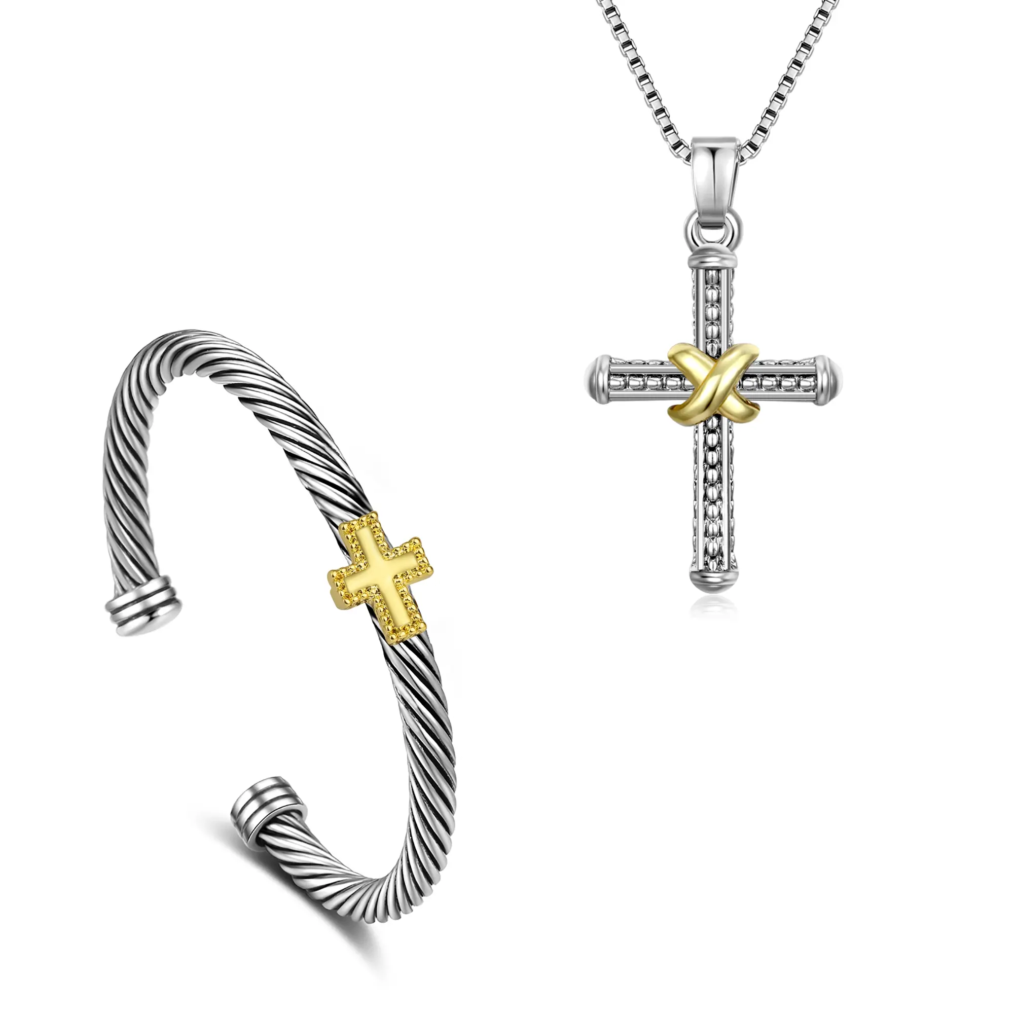 Aprilery Two-Tone Cross Jewelry Set – Designer-Inspired Twisted Cable Cross Pendant Necklace & Matching Cuff Bracelet for Women Symbol Of Strength And Grace Elegant