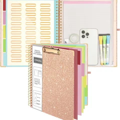 Spiral Glitter Clipboard Folio with Refillable Lined Notepad for Letter Size 8.5 x 11, 5 Extra Folders with Storage 10 Pockets, File Folder Labels Clipboards With Storage