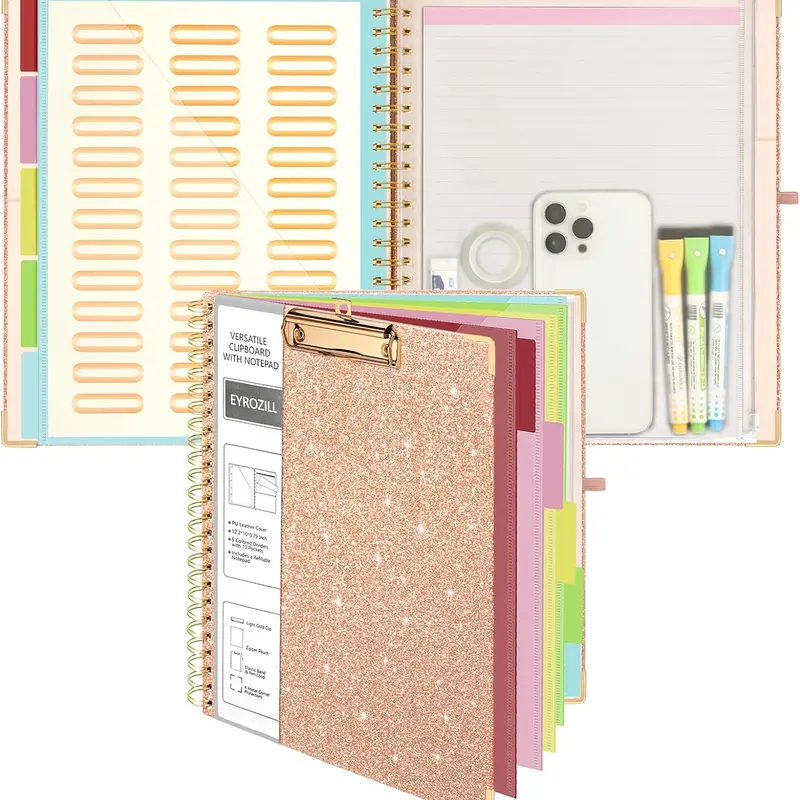 Spiral Glitter Clipboard Folio with Refillable Lined Notepad for Letter Size 8.5 x 11, 5 Extra Folders with Storage 10 Pockets, File Folder Labels Clipboards With Storage