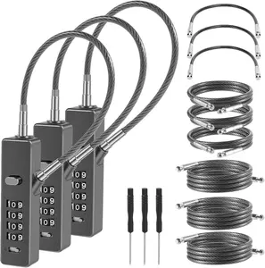 3Pack Wire Padlock Snowboard Lock Combination Cable Lock 4-Digit Ski Lock with 9 Replace Cables (9"+24"+47") Cable Rope Password for Luggage Bike Fence Cabinet Door Travel Suitcase