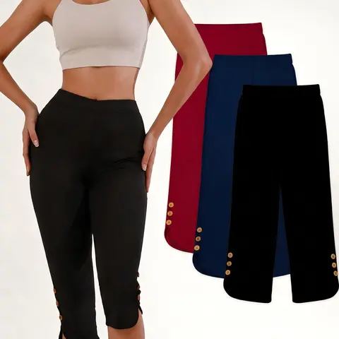Women's High-Waisted Yoga Capri Leggings - Butt Lifting, 4-Way Stretch, Soft, Non-See-Through Workout Pants with Button, Yoga Pants for Women for Fitness, Everyday Wear
