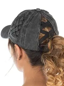 Washed Casual Denim Basket Weave Criss-Cross Ponytail Baseball Cap Bundle Hair Tie