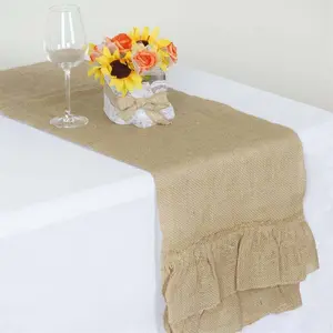 Burlap Jute Table Runner 14"x108" Natural With Ruffled Edges - Rustic Boho Chic Tabletop Decor