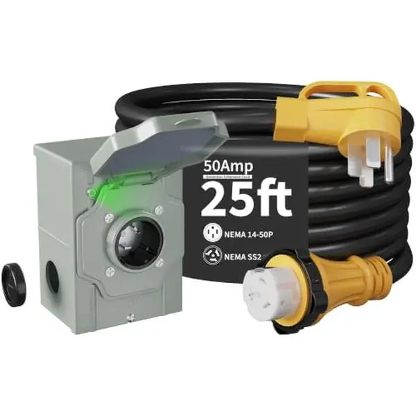 50 Amp Generator Power Cord & Inlet Box Combo – ETL Approved | Black | 25FT 50A w/ Input Box | Reliable Backup Power Connection