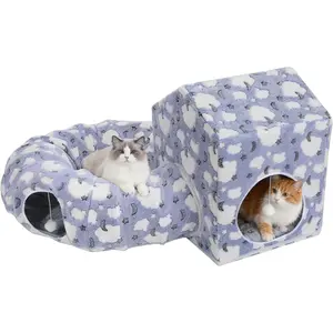 Tunnel Bed for Indoor Cats, Cute  Donut Tunnel with Square House, Peekaboo Pet Cave Play Tunnels with Cave for Kitten/, Basic Soft Blue