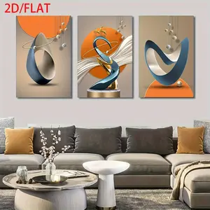 2D Flat, 3 Pieces Wooden Frame Canvas, Modern Abstract Canvas Wall Art, Luxurious Aluminum Wire Painting Wall Decoration, White, Blue, Orange, Gray Poster, Suitable for Living Room, Bedroom, Office Gift Hanging Print Ornaments Artistic Photo
