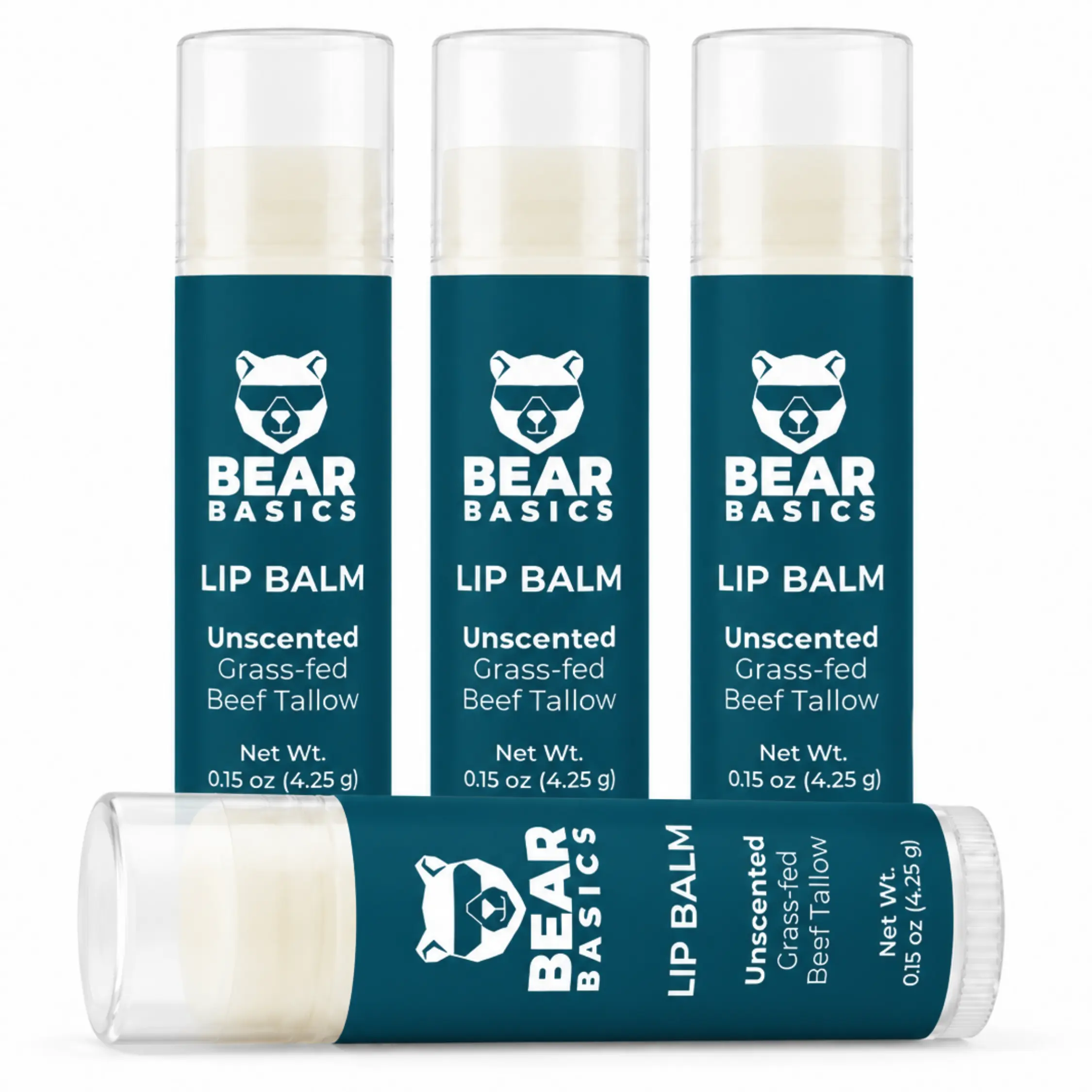 Grass-Fed Beef Tallow Lip Balm | Bear Basics (0.15oz)(4-Pack) – Unscented Natural Lip Moisturizer with Beeswax & Vitamin E, Made in Colorado Oil Smooth