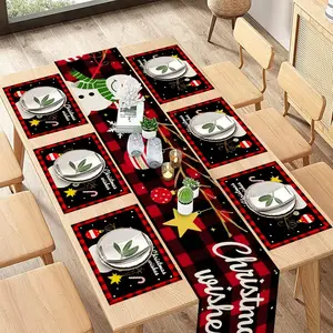 2D flat printing, set of 1/2/4/6/8/5/7 Christmas themed table flags and placemats, featuring snowman and checkered design, suitable for holiday dining arrangements, festive celebrations, and family gatherings