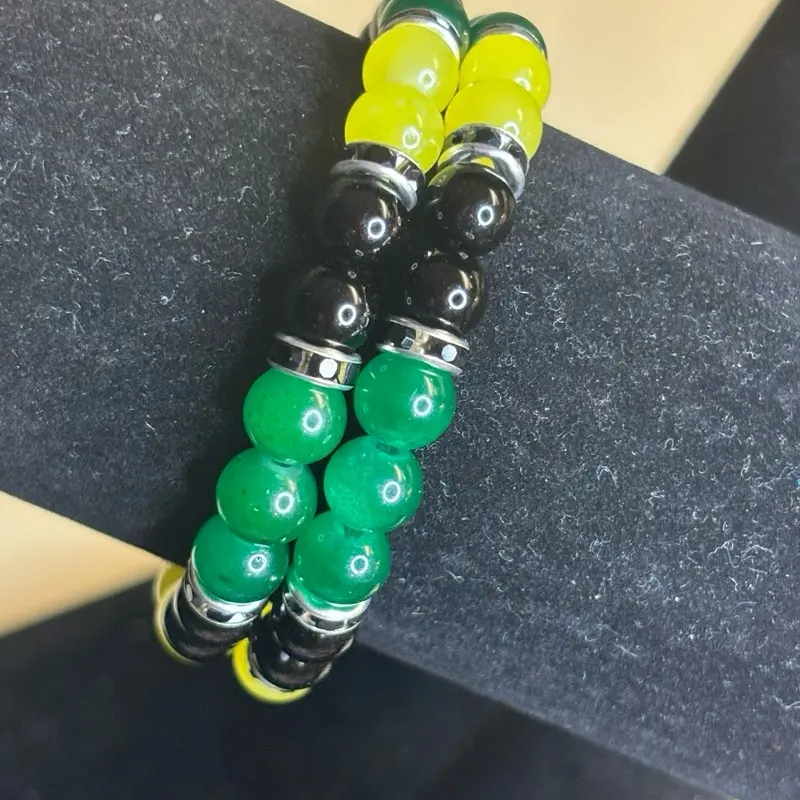 Jamaican Love Beaded Bracelet in Vibrant Green and Black Beads with Silver Accents for Stylish Accessory