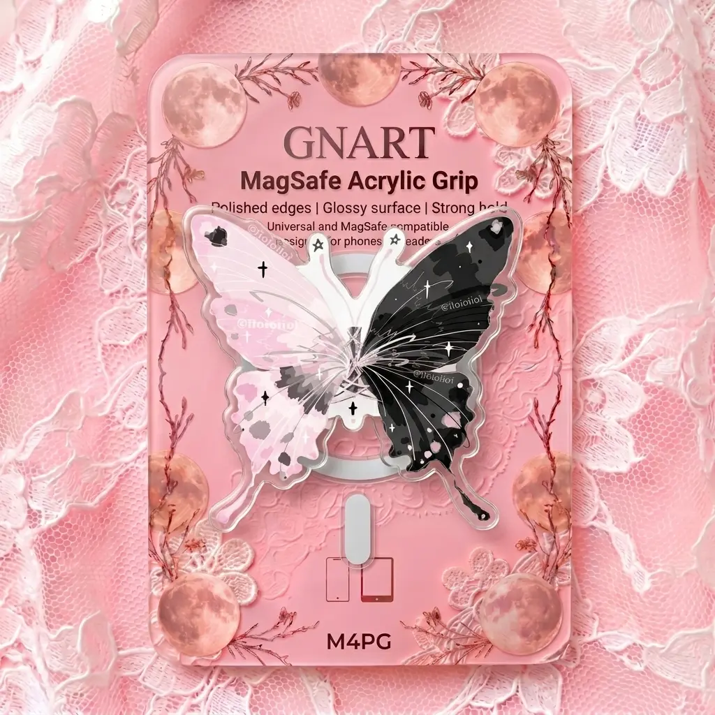 Dark Coquette Pink Black Butterfly Phone Holder, Split Wing Fairycore Acrylic Phone Grip, Y2K Grunge Pastel Goth Griptok, Edgy Alt Aesthetic Smartphone Stand Accessory