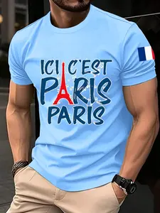 Men's Ici C'est Paris Eiffel Tower T-Shirt, 100% Polyester French Parisian Tee, France Flag Sleeve, Travel Souvenir Top, Fitted Short Style