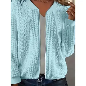[Textured Bomber Jacket] Casual Textured Zip Up Bomber Jacket - Solid Long Sleeve Outerwear for Women