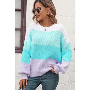Round Neck Color Block Ribbed Pullover Sweater